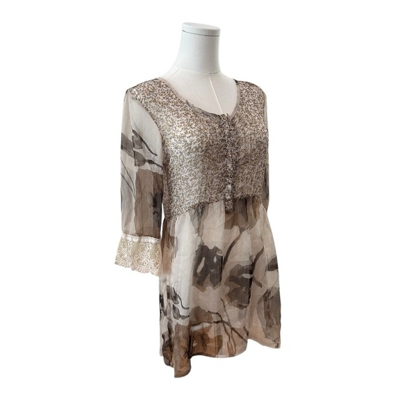 BKE Boutique Womens Small Sheer Floral Natural Earthy Tones Bohemian Flowy Tunic - Picture 2 of 5